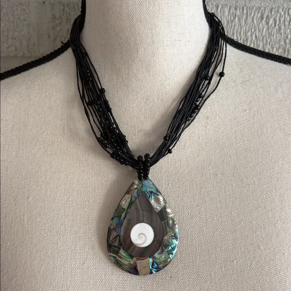 Sajen Abalone Shell Teardrop Statement Pendant Beaded Cord Necklace 18" - Picture 2 of 12
